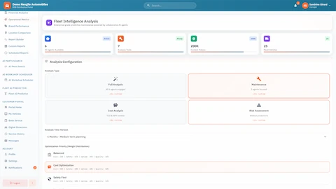 Fleet Intelligence Configuration - Analysis type selection (Full Analysis, Maintenance, Cost Analysis, Risk Assessment) with 6 AI agents, 7 analysis tools, configurable time horizons, and optimization priority settings